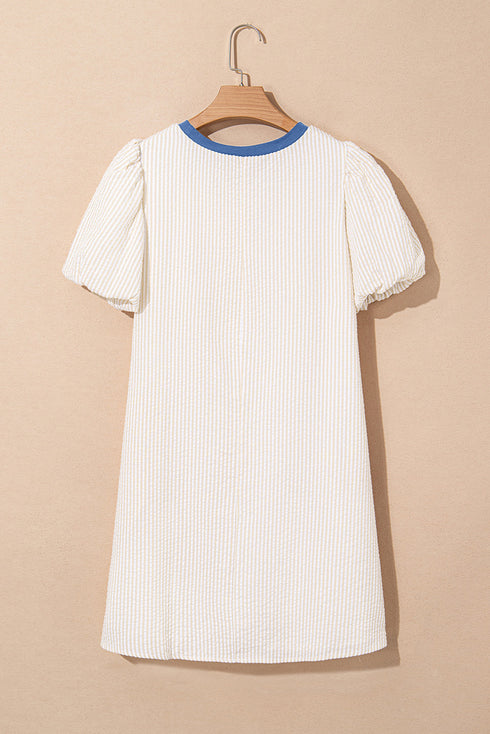 Classic Seersucker Stripe Puff Sleeve Contrast Neck Mini T-Shirt Dress