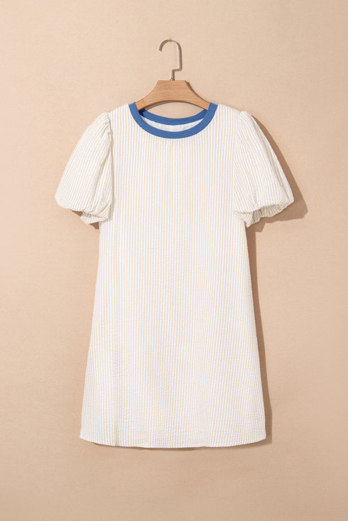 Classic Seersucker Stripe Puff Sleeve Contrast Neck Mini T-Shirt Dress