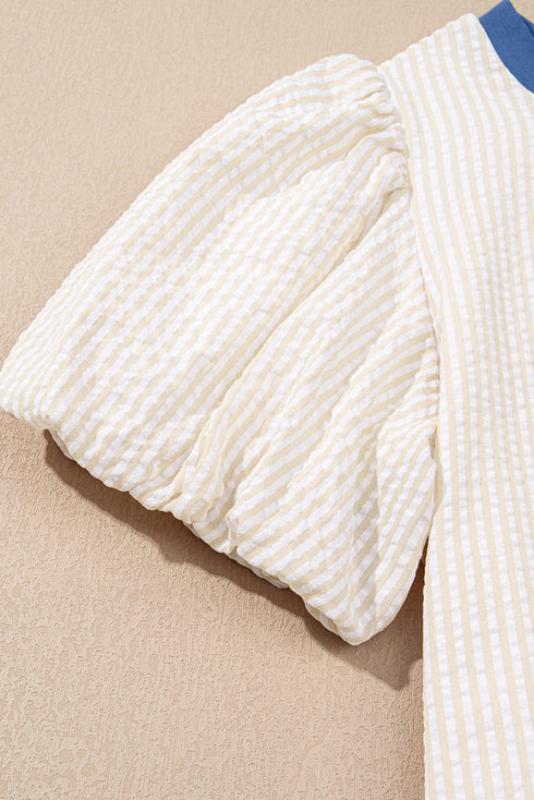 Classic Seersucker Stripe Puff Sleeve Contrast Neck Mini T-Shirt Dress