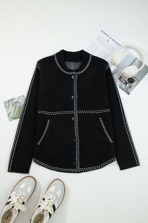 Classic Stitch Detail Round Neck Button Cardigan