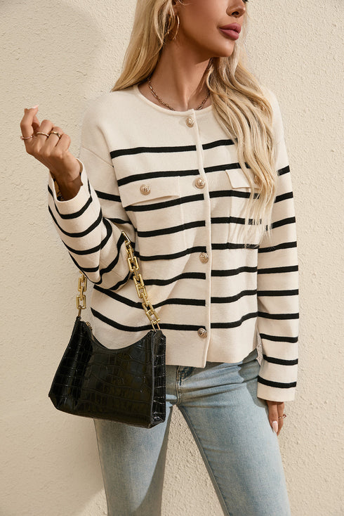 Classic Stripe Button Front Collared Knit Cardigan