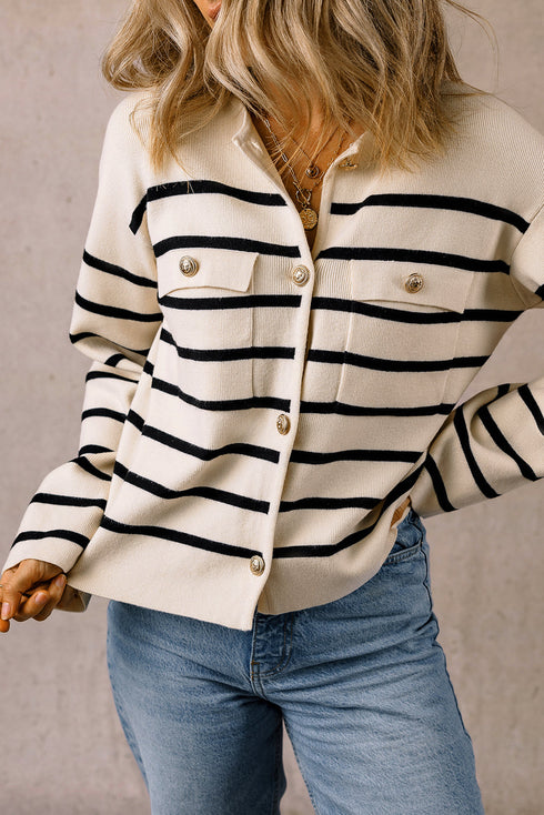 Classic Stripe Button Front Collared Knit Cardigan