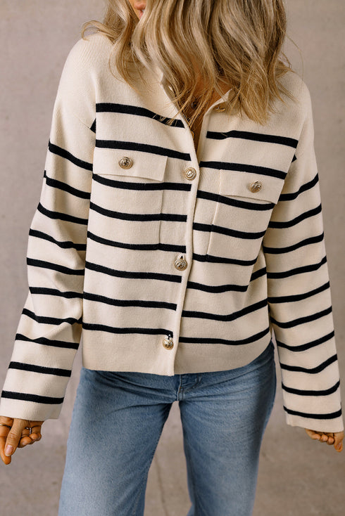Classic Stripe Button Front Collared Knit Cardigan