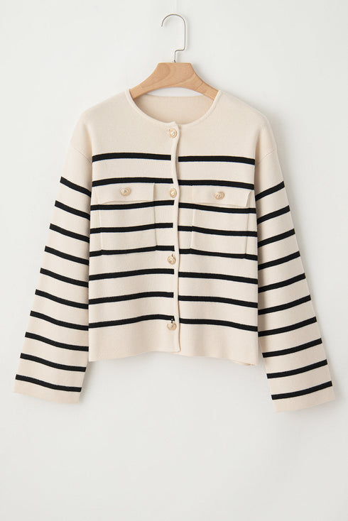 Classic Stripe Button Front Collared Knit Cardigan
