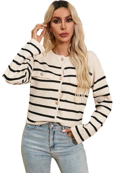 Classic Stripe Button Front Collared Knit Cardigan