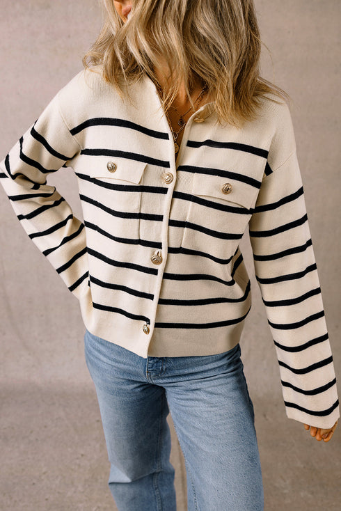 Classic Stripe Button Front Collared Knit Cardigan