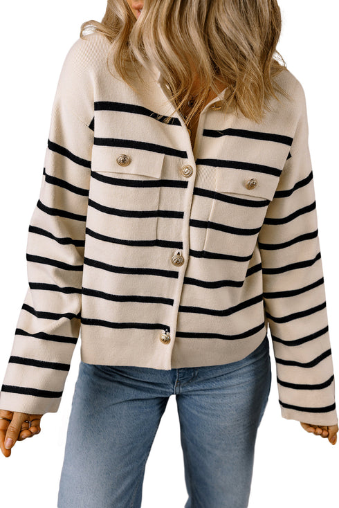 Classic Stripe Button Front Collared Knit Cardigan