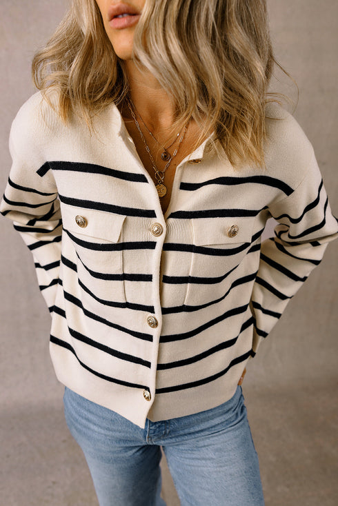 Classic Stripe Button Front Collared Knit Cardigan