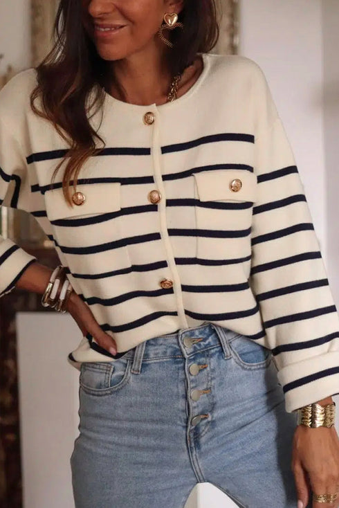 Classic Stripe Button Front Collared Knit Cardigan
