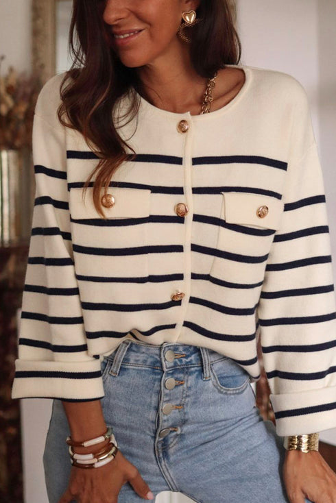 Classic Stripe Button Front Collared Knit Cardigan