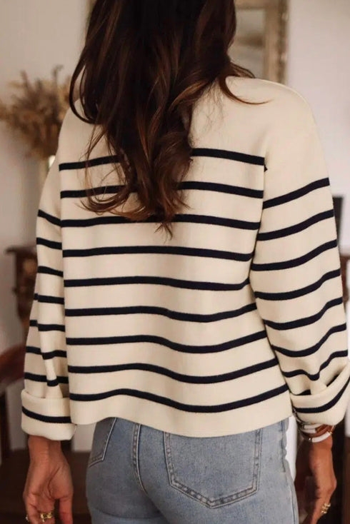 Classic Stripe Button Front Collared Knit Cardigan