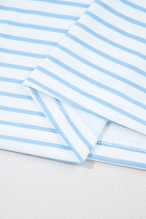 Classic Stripe Knit Floral Puff Sleeve Mix Media Top