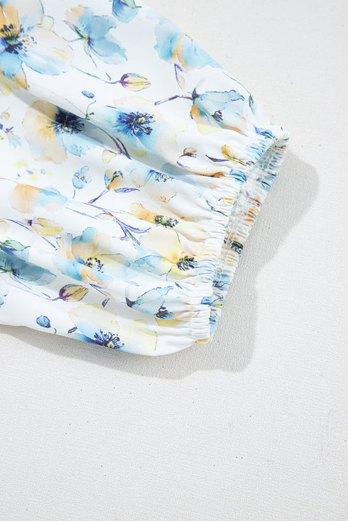 Classic Stripe Knit Floral Puff Sleeve Mix Media Top