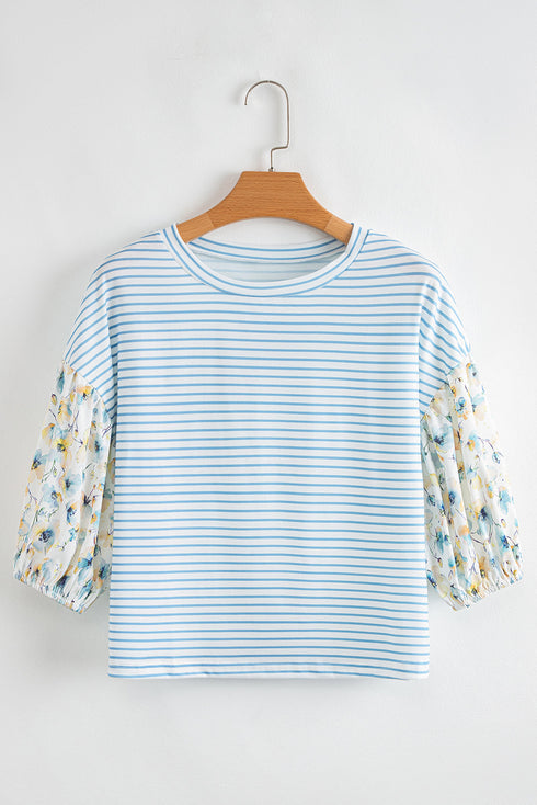 Classic Stripe Knit Floral Puff Sleeve Mix Media Top