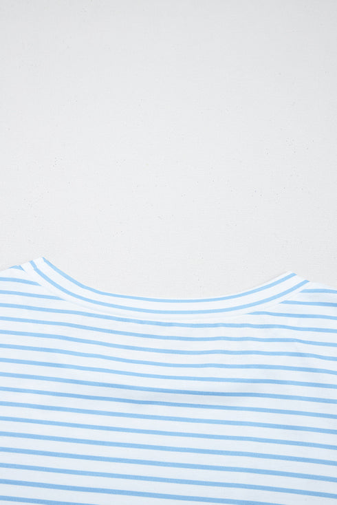 Classic Stripe Knit Floral Puff Sleeve Mix Media Top