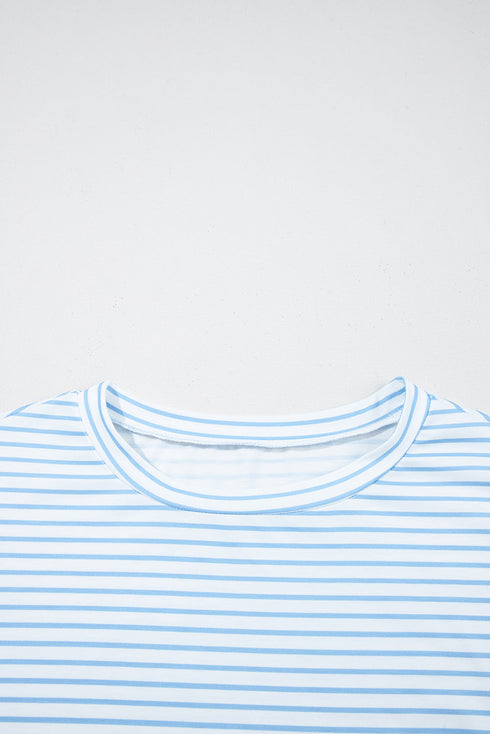 Classic Stripe Knit Floral Puff Sleeve Mix Media Top