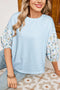 Classic Stripe Knit Floral Puff Sleeve Mix Media Top