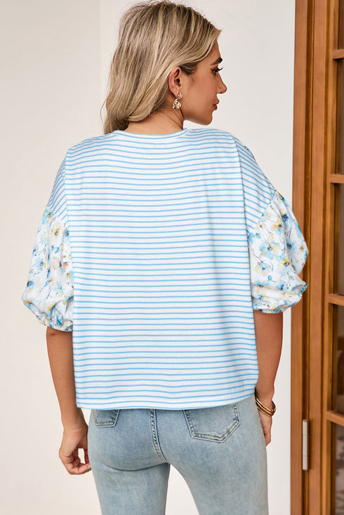 Classic Stripe Knit Floral Puff Sleeve Mix Media Top