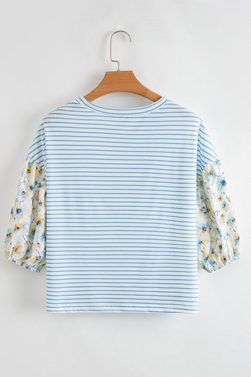 Classic Stripe Knit Floral Puff Sleeve Mix Media Top