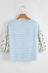 Classic Stripe Knit Floral Puff Sleeve Mix Media Top