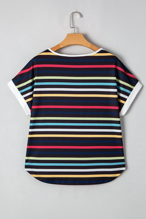 Classic Stripe Print Contrast Edge Detail Crew Neck Casual T-shirt Top