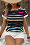 Classic Stripe Print Contrast Edge Detail Crew Neck Casual T-shirt Top