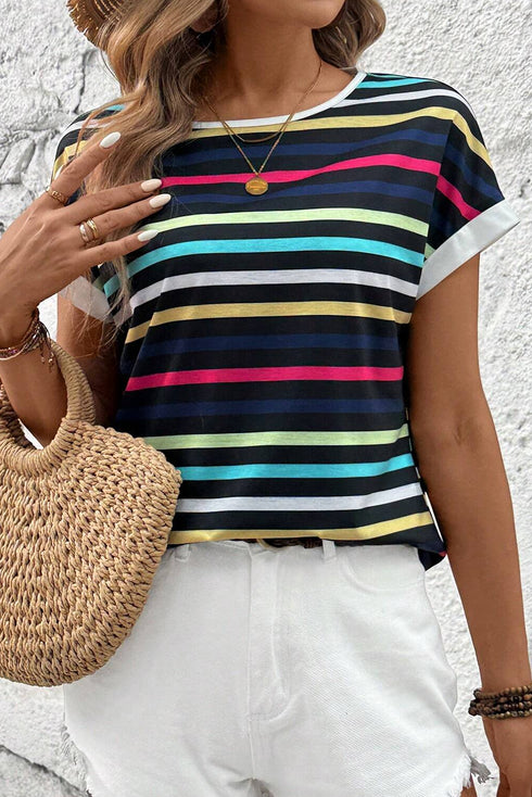 Classic Stripe Print Contrast Edge Detail Crew Neck Casual T-shirt Top