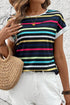 Classic Stripe Print Contrast Edge Detail Crew Neck Casual T-shirt Top