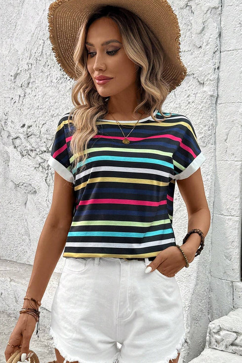 Classic Stripe Print Contrast Edge Detail Crew Neck Casual T-shirt Top