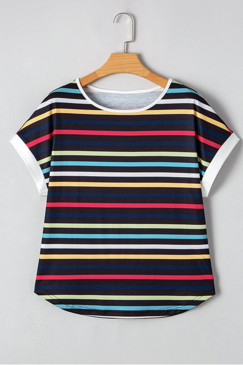 Classic Stripe Print Contrast Edge Detail Crew Neck Casual T-shirt Top