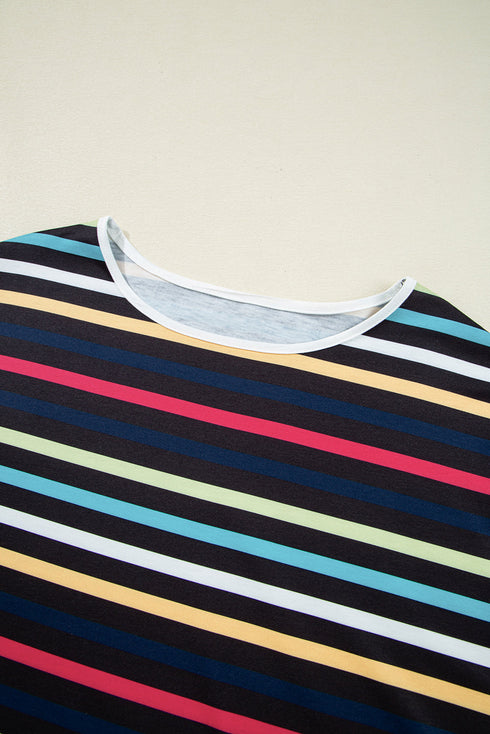Classic Stripe Print Contrast Edge Detail Crew Neck Casual T-shirt Top