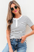 Classic Stripe Textured Short Sleeve Button Front Henley Tee Top
