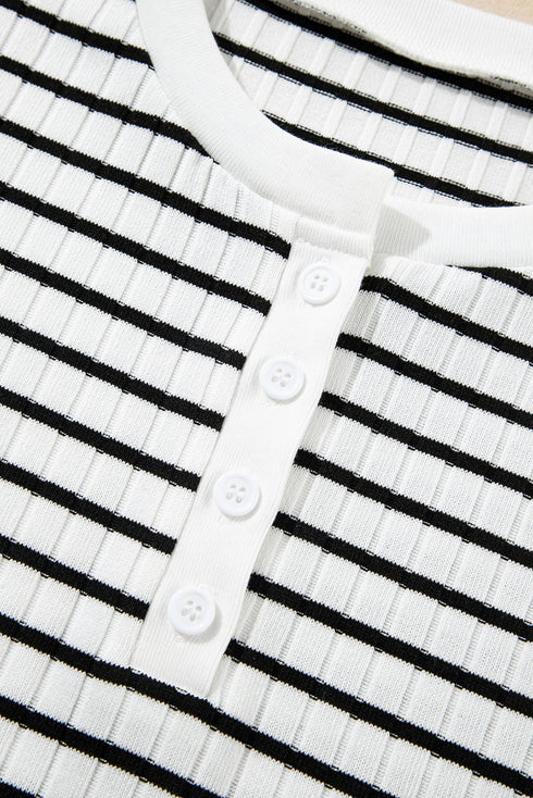 Classic Stripe Textured Short Sleeve Button Front Henley Tee Top