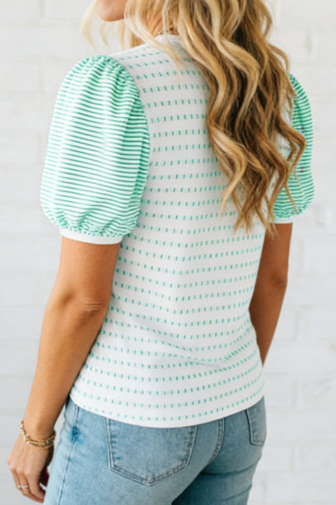 Classic Striped Pattern Short Puff Sleeve Top