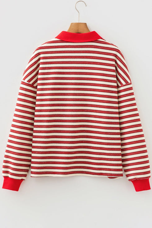 Classic Striped Print Zipper V Neck Long Sleeve Top