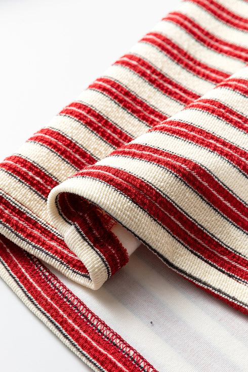 Classic Striped Print Zipper V Neck Long Sleeve Top
