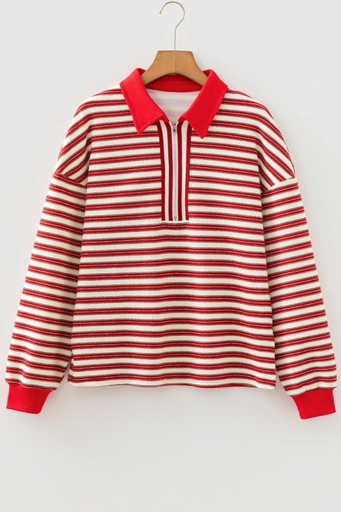Classic Striped Print Zipper V Neck Long Sleeve Top