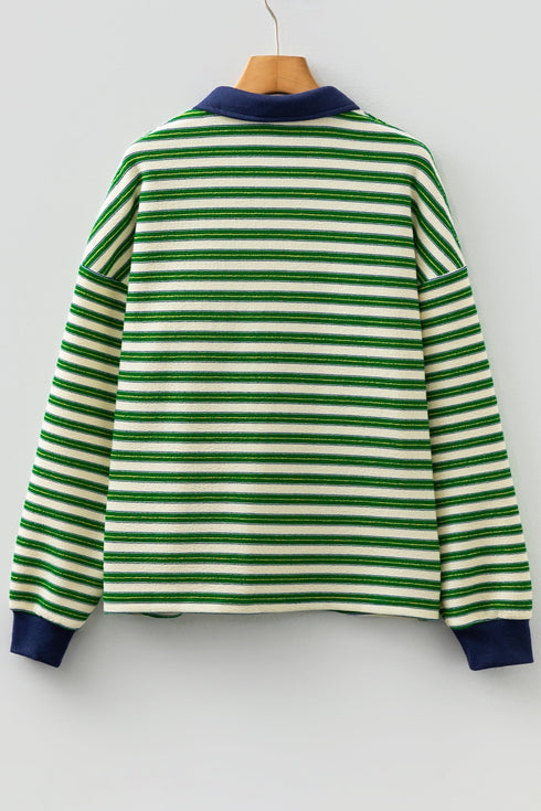Classic Striped Print Zipper V Neck Long Sleeve Top