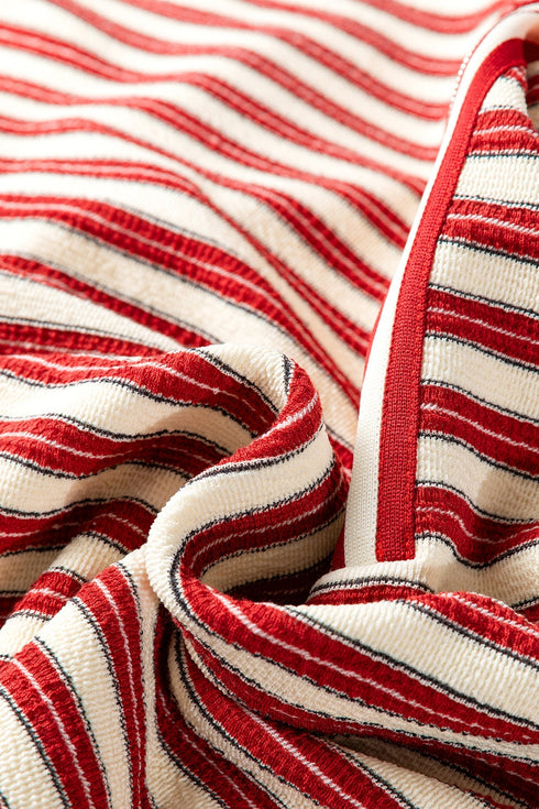 Classic Striped Print Zipper V Neck Long Sleeve Top