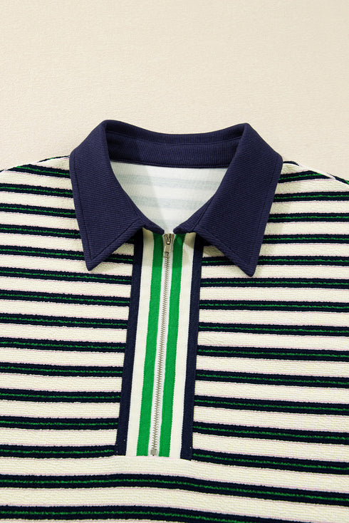 Classic Striped Print Zipper V Neck Long Sleeve Top