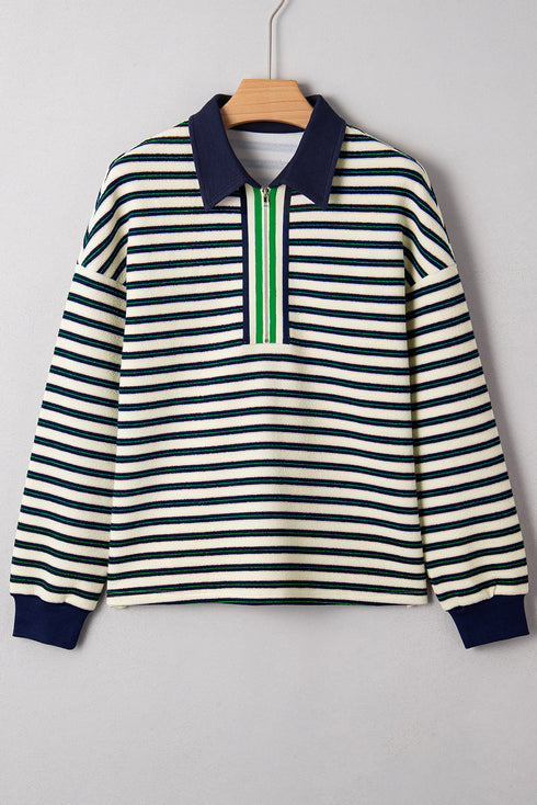 Classic Striped Print Zipper V Neck Long Sleeve Top