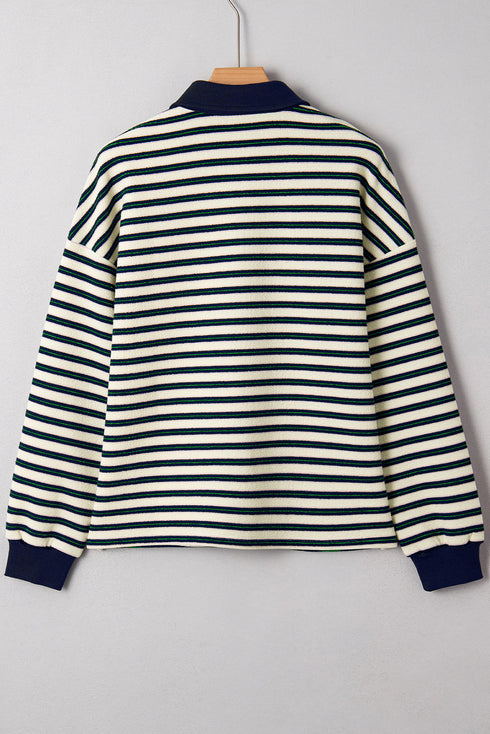 Classic Striped Print Zipper V Neck Long Sleeve Top