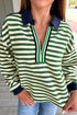 Classic Striped Print Zipper V Neck Long Sleeve Top