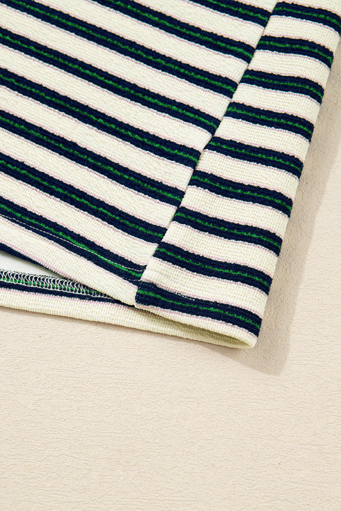 Classic Striped Print Zipper V Neck Long Sleeve Top