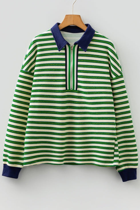 Classic Striped Print Zipper V Neck Long Sleeve Top