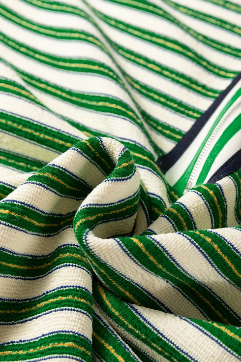 Classic Striped Print Zipper V Neck Long Sleeve Top