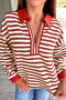 Classic Striped Print Zipper V Neck Long Sleeve Top