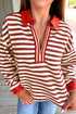 Classic Striped Print Zipper V Neck Long Sleeve Top