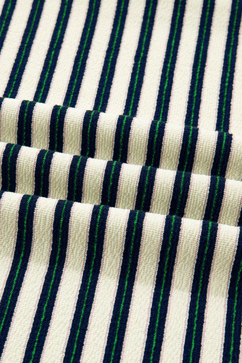 Classic Striped Print Zipper V Neck Long Sleeve Top