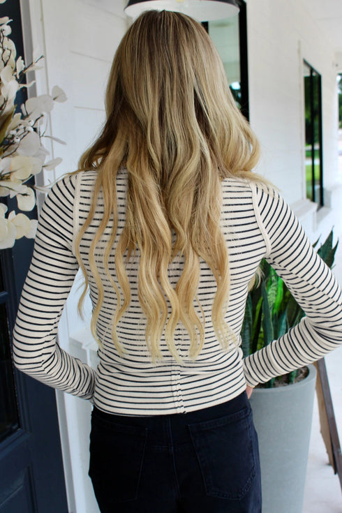 Classic Striped Ribbed Knit Button Front Henley Top